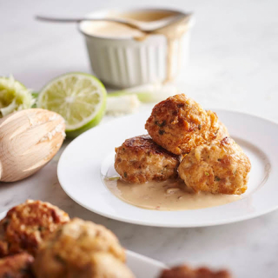 Chicken meatballs on white plate